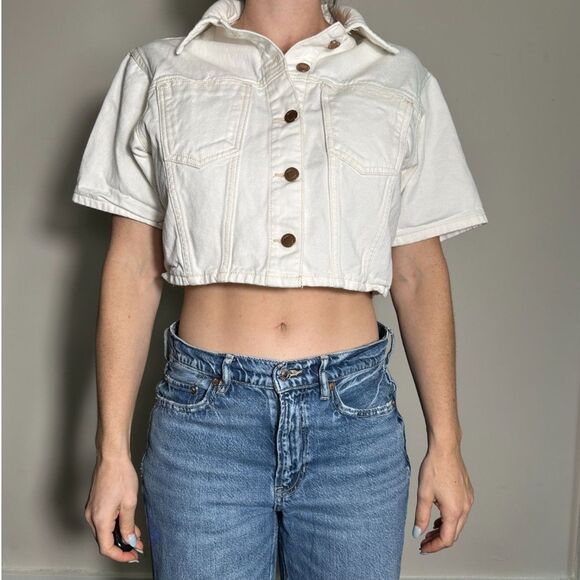 Zara White Denim Short Sleeve Cropped Button Up Size Medium - Picture 2 of 4